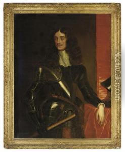 Portrait Of King Charles Ii (1630-1685), In Armour, A Baton In His Right Hand Oil Painting - Pieter Nason