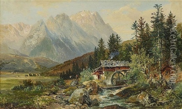 Muhle Am Bach - Blick Auf Das Wettersteingebirge Oil Painting - Bernhard Muehlig