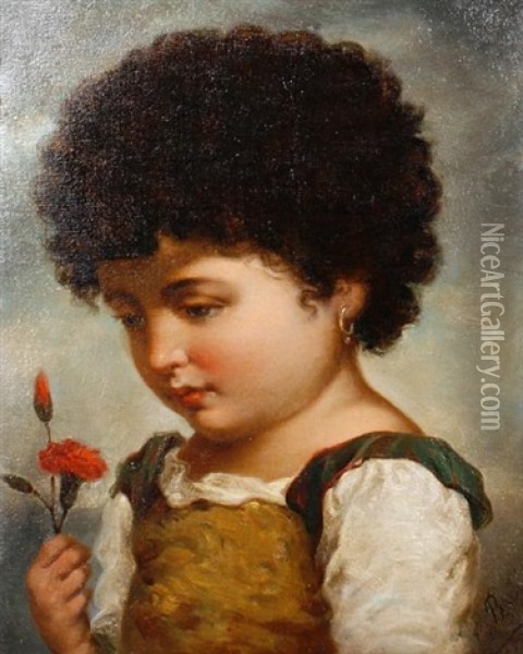Portrait Of A Young Girl Holding A Red Carnation Oil Painting - Adriano Bonifazi