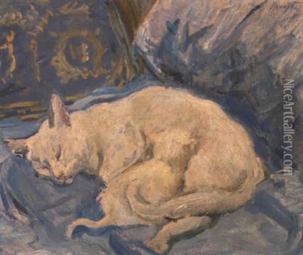 Schlafende Katze Mit Jungem Oil Painting - Max Slevogt