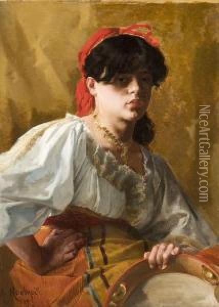 Orientale Au Tambourin Oil Painting - Alcide Theophile Robaudi
