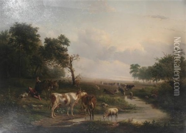 Cattle And Sheep Watering In An Extensive Landscape Oil Painting - Jan Bedijs Tom