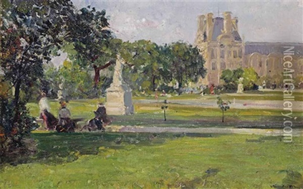 A Quiet Afternoon In The Tuileries Gardens, With A View Of The Louvre, Paris Oil Painting - Ulisse Caputo