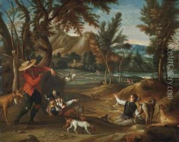 A Wooded River Landscape With A Hunting Party Oil Painting - Sebastien Vrancx