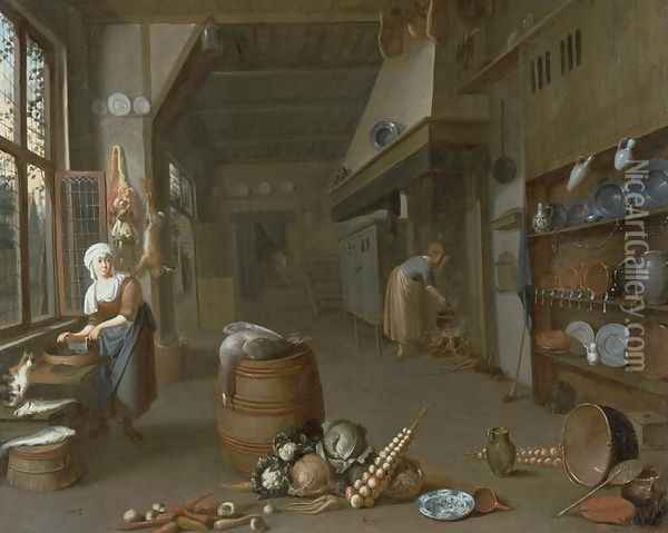 Kitchen interior with two maids preparing food Oil Painting - Gillis de Winter