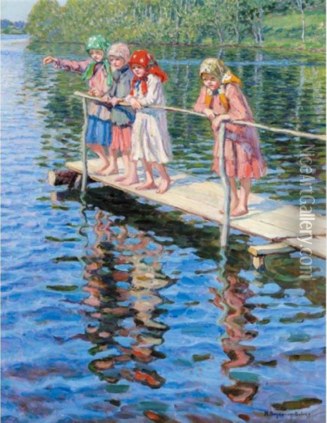 Children On The Lake Oil Painting - Nikolai Petrovich Bogdanov-Belsky