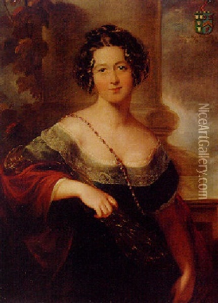 Portait Of Frances Wyndham In A Black Dress With A Lace Trim, By A Column Oil Painting - Henry William Pickersgill