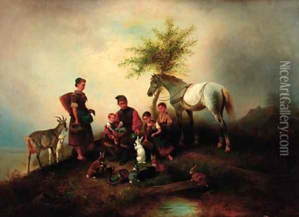 Feeding the rabbits Oil Painting - Wilhelm Alexander Meyerheim