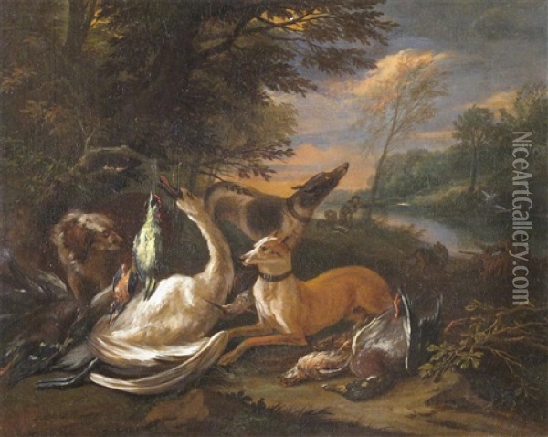 Huntsmen With Hunting Dogs And Game (pair) Oil Painting - Adriaen de Gryef