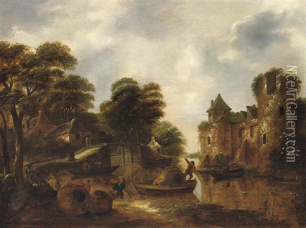 A Wooded River Landscape With Figures Bringing Baskets Across A Stream Oil Painting - Nicolaes Molenaer