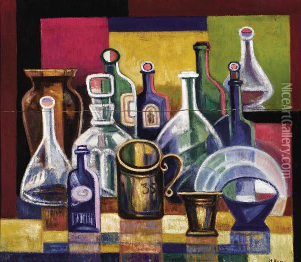 Still Life With Bottles Oil Painting - Ivan Vasilievich Klyun