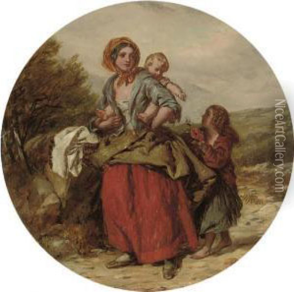 A Mother And Children On A Country Road; And Another Similar Oil Painting - William Mulready
