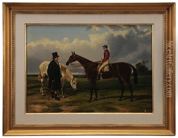 Horse And Jockey With Owner Oil Painting - Alfred F. De Prades