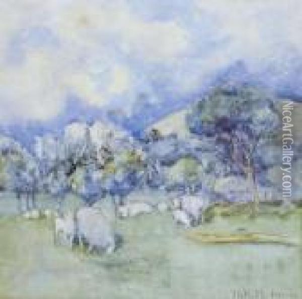 Untitled - Pastoral Scene With Grazing Sheep Oil Painting - Dorothy Kate Richmond
