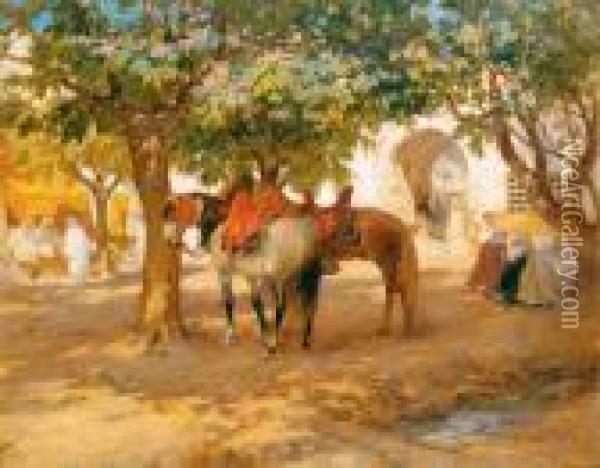 Halte Devant Le Cafe A Biskra Oil Painting - Frederick Arthur Bridgman