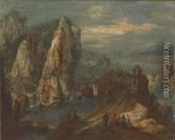 A Rhenish Landscape With Figures Resting On A Track Oil Painting - Jan Griffier I