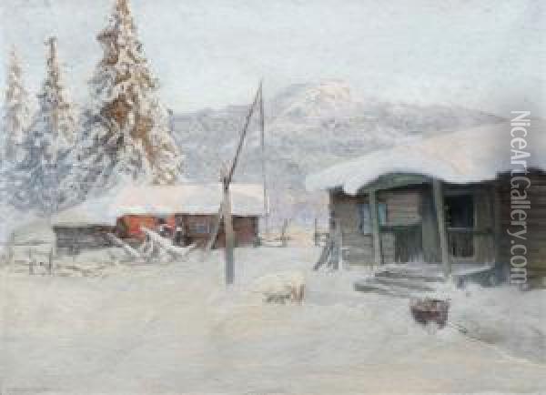 Gardsexterior I Vinterlandskap Oil Painting - Anshelm Schultzberg