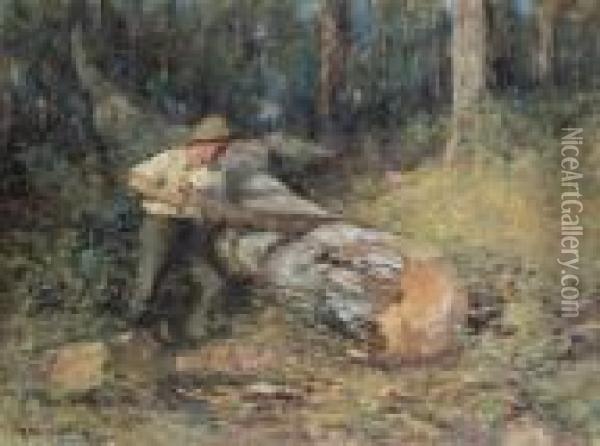 Sawing Timber Oil Painting - Frederick McCubbin