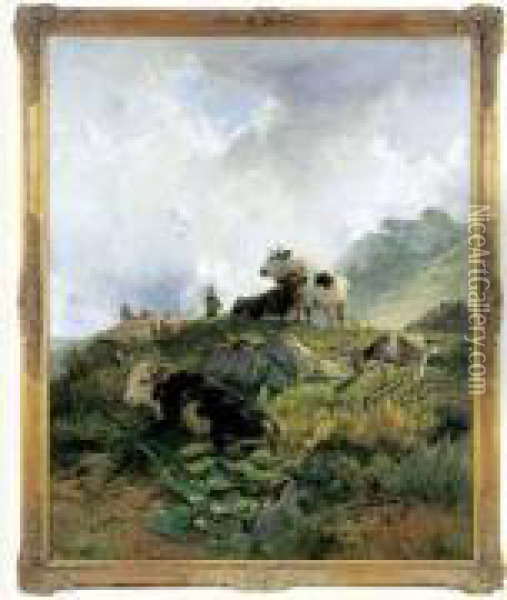 Vaches A L'herbage En Montagne, 1882-1884. Oil Painting - Hermann Baisch