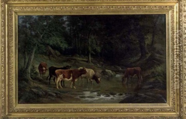 Cattle Drinking Oil Painting - Edward A. Howell
