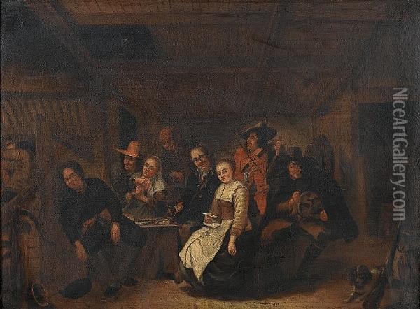 A Tavern Interior With Peasants Carousing Oil Painting - Gerrit Lundens