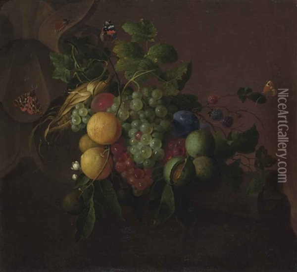 Grapes, Oranges, Walnuts, Corn, Berries And Plums, With Butterflies, A Beetle And A Cockroach Resting On An Architectural Element Oil Painting - Jacob van Walscapelle