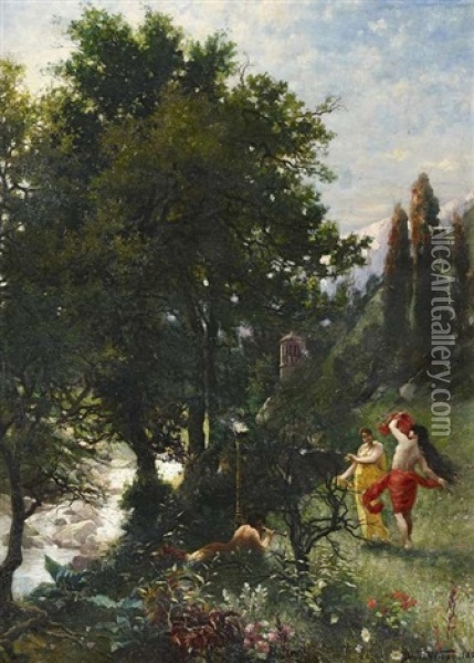 Arkadische Landschaft Mit Satyr Und Nymphen Oil Painting - Bruno Wiese