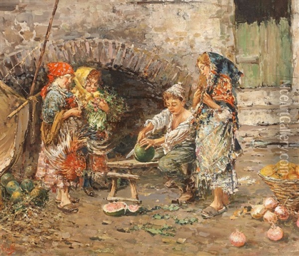 Vier Kinder Beim Anschneiden Einer Wassermelone Oil Painting - Vincenzo Irolli
