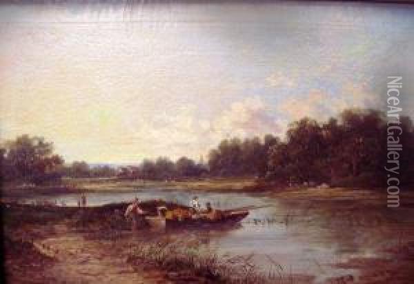 Boys Fishing From A Punt Oil Painting - Walter Williams