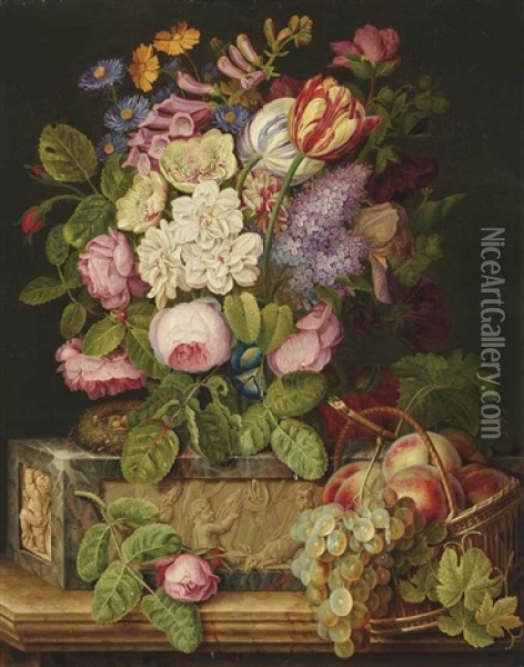 Roses, Tulips And Other Flowers On A Sculpted Plinth, With A Nest And Peaches And Grapes In A Wicker Basket Oil Painting - Michel Joseph Speeckaert