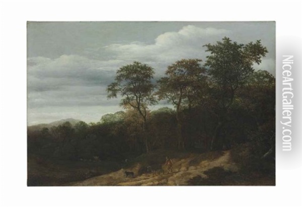 A Wooded Landscape With Shephards On The Path Oil Painting - Cornelis Hendriksz Vroom
