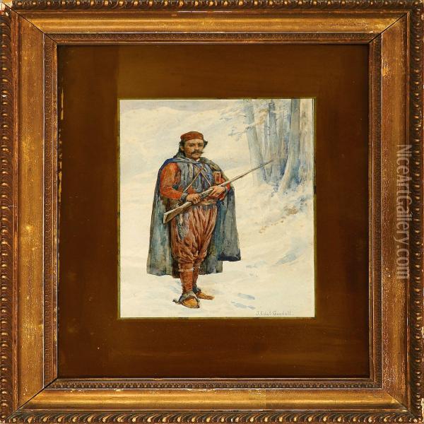 An Eastern European Soldier In A Winter Landscape Oil Painting - John Edward Goodall