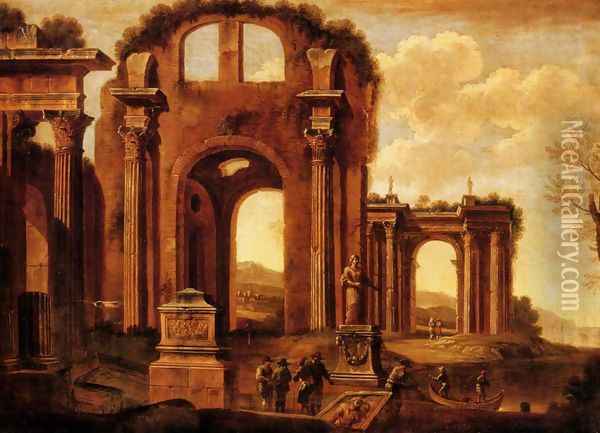 An architectural capriccio with figures by a statue and a fountain Oil Painting - Giovanni Ghisolfi