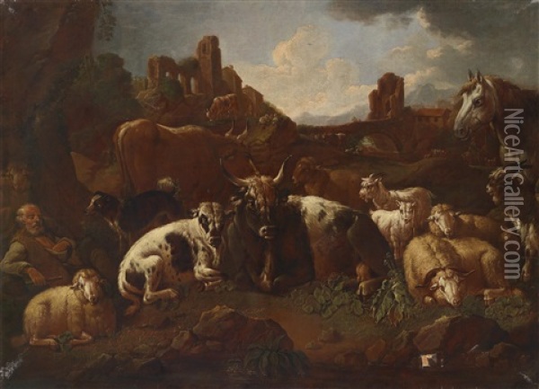 Sudliche Landschaften Mit Hirten Und Ihrer Herde (pair) Oil Painting - Domenico Brandi