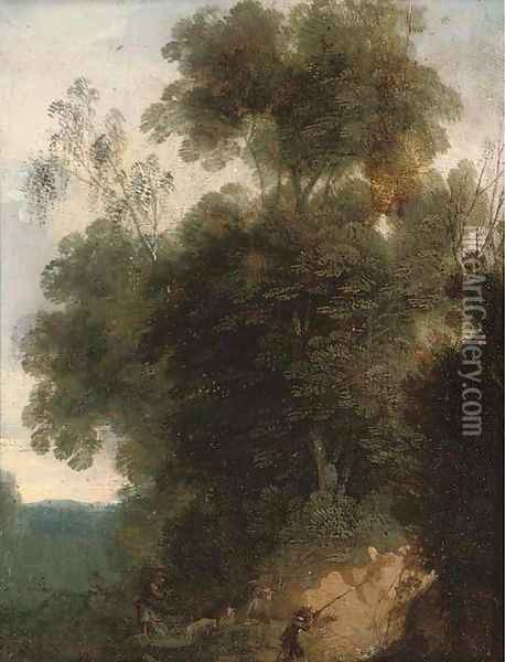 A wooded landscape with hunters and their dogs Oil Painting - Cornelis Hendricksz. The Younger Vroom