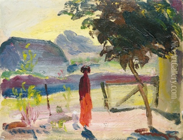 Early Summer (woman In A Red Dress) Oil Painting - Janos Tornyai
