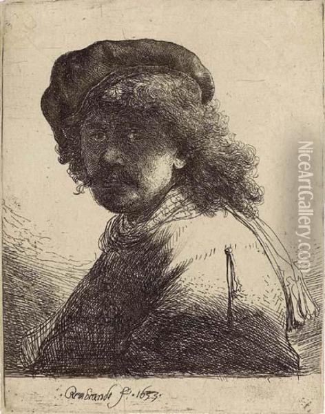 Self-portrait In A Cap And Scarf With Face Dark: Bust Oil Painting - Rembrandt Van Rijn