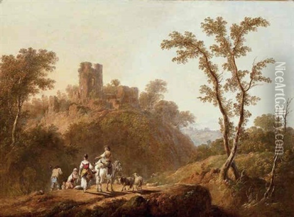 A Wooded, Hilly Landscape With Peasants, A Goat And Sheep On A Track Near A Ruined Castle Oil Painting - Jean Baptiste Pillement
