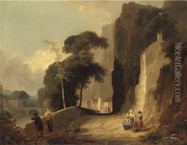Figures On A Riverside Path In A Gorge Oil Painting - Robert Edmonstone