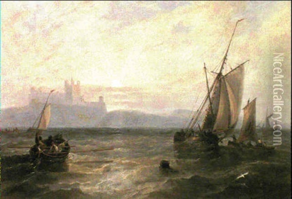 Fishing Vessels At Dusk Off Bamburgh Castle Oil Painting - John Wilson Carmichael