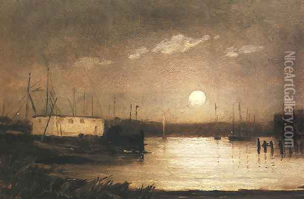 Moon over a Harbor Oil Painting - Edward Mitchell Bannister