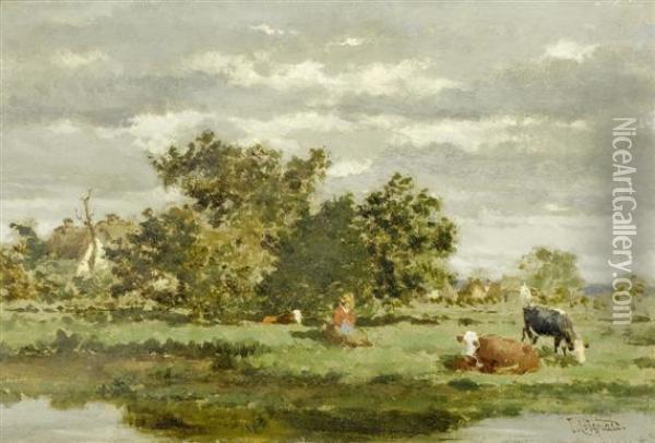 Landscape With Cows And A Cowherd Oil Painting - Louis Coignard