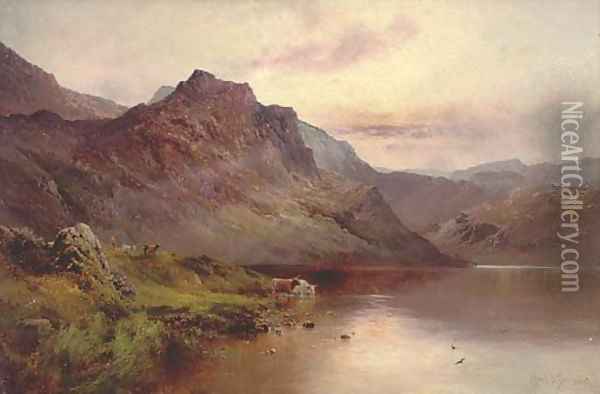 Cattle watering beside a highland loch Oil Painting - Alfred de Breanski