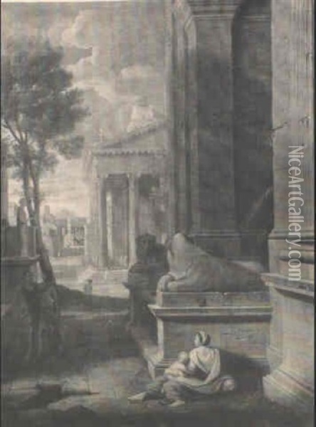 Femme Et Enfant Assis Pres D'une Fontaine Oil Painting - Jean (Lemaire-Poussin) Lemaire