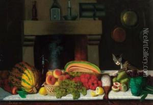 A Selection Of Fruit And Vegetables On A Marble Ledge In A Kitchen,a Cat Alongside Oil Painting - Achille Ernest Mouret