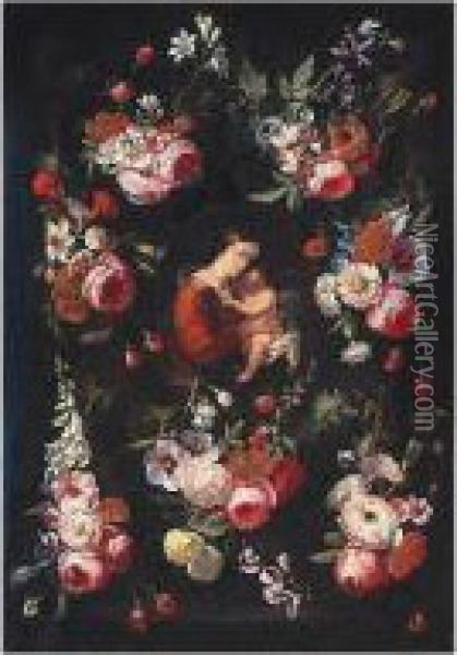 Virgin And Child Surrounded By A Floral Garland Oil Painting - Jan Philip van Thielen