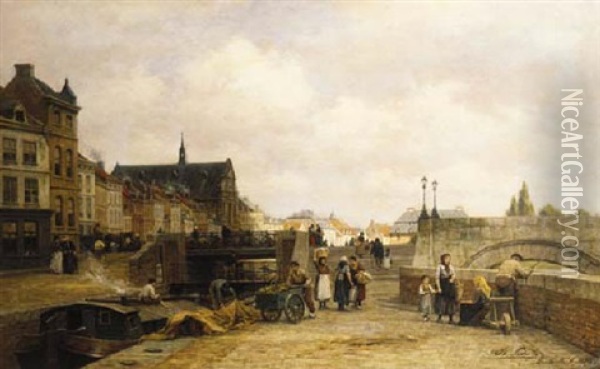 A View Of The St. Servaasbrug, Maastricht Oil Painting - Philip Lodewijk Jacob Frederik Sadee