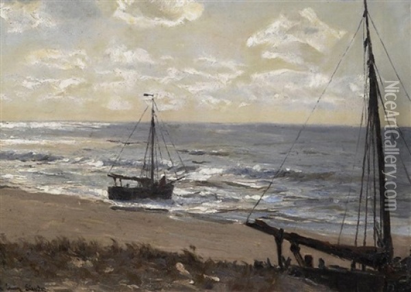 Aufliegende Segler Am Strand Oil Painting - Erwin Carl Wilhelm Guenther