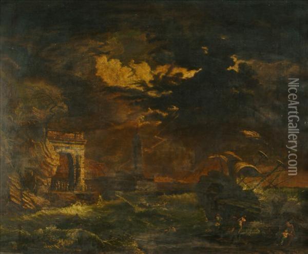 Shipwreck In Astorm Oil Painting - Willem van de, the Elder Velde