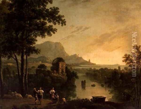 Coastal landscape at evening with shepherds and shepherdesses dancing Oil Painting - Richard Wilson